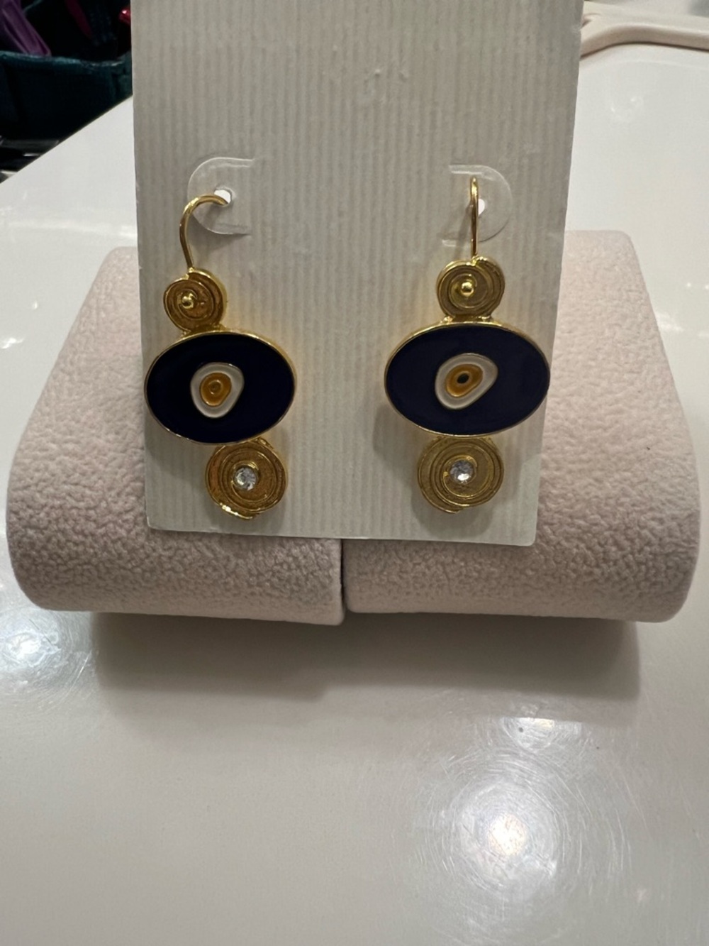 Anthropologie Gold-Tone Navy Oval Drop Earrings with Crystal Accent